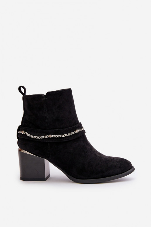 Warm Women's Ankle Boots On Heel With Chain Eco Suede Black Hanalen