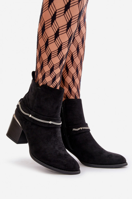 Warm Women's Ankle Boots On Heel With Chain Eco Suede Black Hanalen