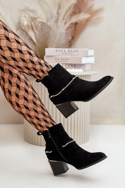 Warm Women's Ankle Boots On Heel With Chain Eco Suede Black Hanalen