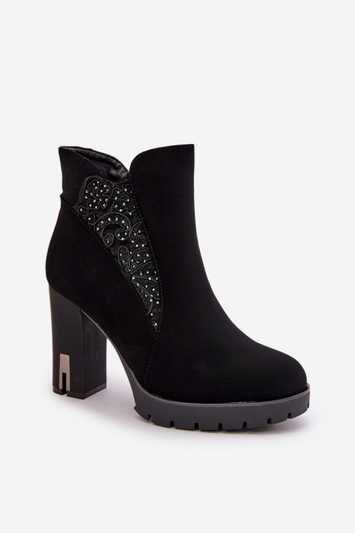 Warm Women's Ankle Boots With High Heel And Embroidery Black Verissae Warm Women's Ankle Boots With High Heel And Embroidery Black Verissae