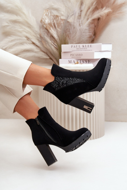 Warm Women's Ankle Boots With High Heel And Embroidery Black Verissae Warm Women's Ankle Boots With High Heel And Embroidery Black Verissae