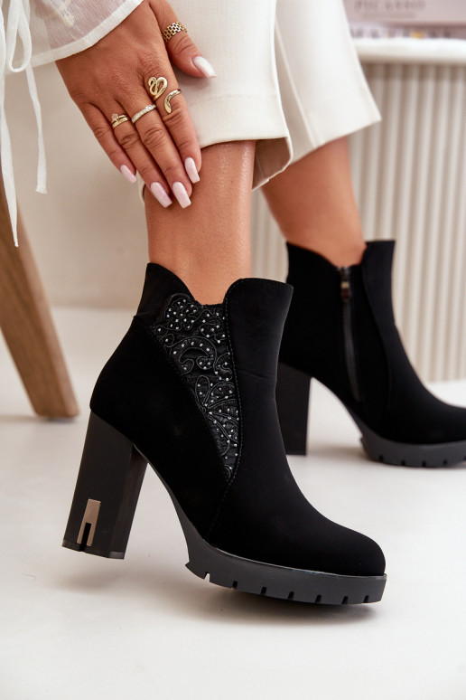 Warm Women's Ankle Boots With High Heel And Embroidery Black Verissae Warm Women's Ankle Boots With High Heel And Embroidery Black Verissae