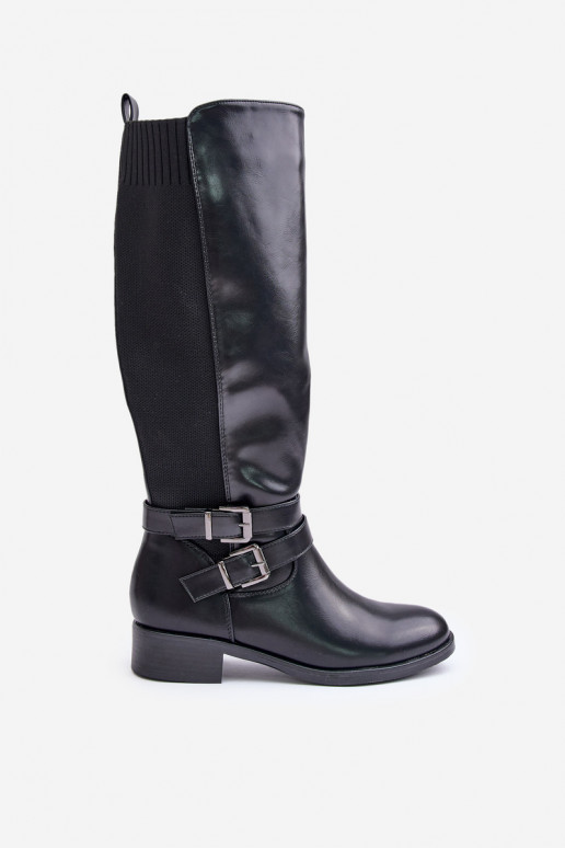 Knee High Women's Boots with Flat Heels and Buckles Black Lotina Knee High Women's Boots with Flat Heels and Buckles Black Lotina
