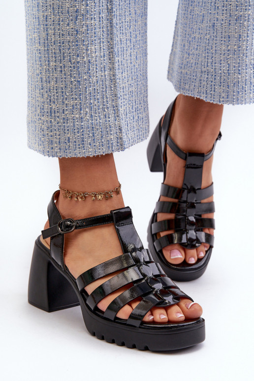 Black Patent Leather Women's Sandals with Heel Aninifer