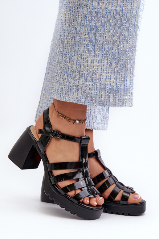 Black Patent Leather Women's Sandals with Heel Aninifer