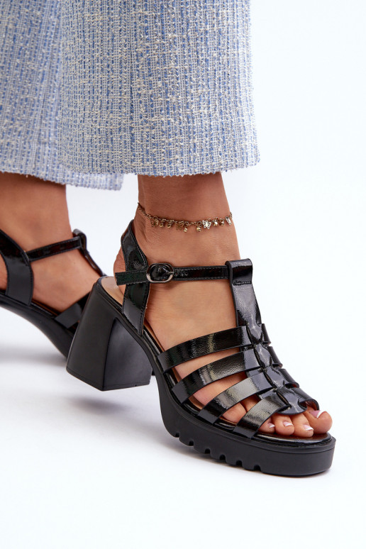 Black Patent Leather Women's Sandals with Heel Aninifer