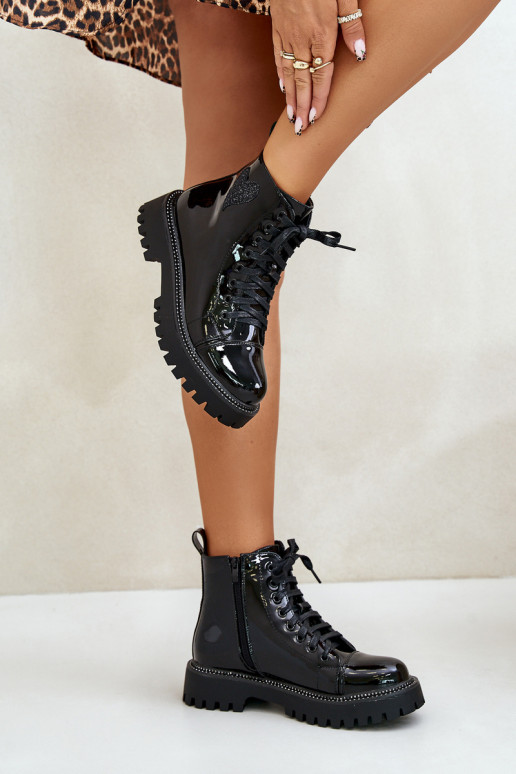 Lacquered Ankle Boots With Zip And Decorative Heart Black Obeena Lacquered Ankle Boots With Zip And Decorative Heart Black Obeena