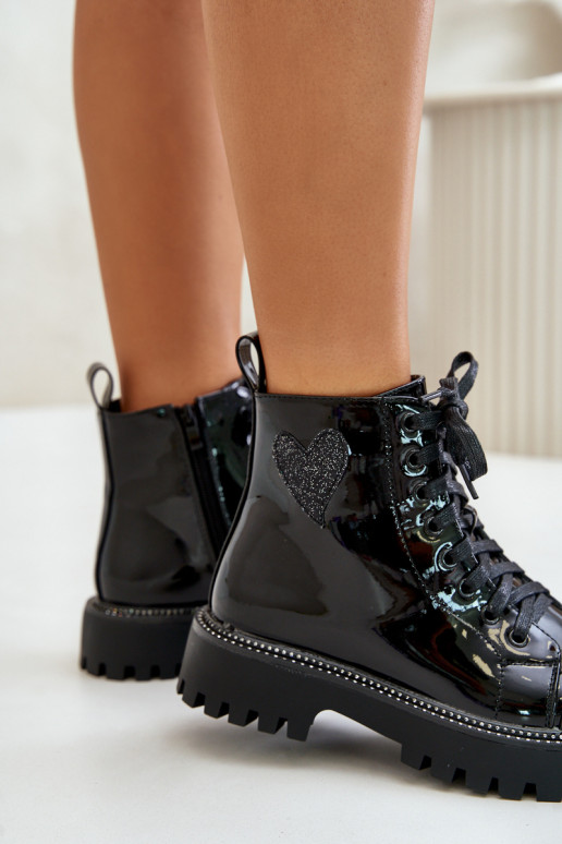 Lacquered Ankle Boots With Zip And Decorative Heart Black Obeena Lacquered Ankle Boots With Zip And Decorative Heart Black Obeena