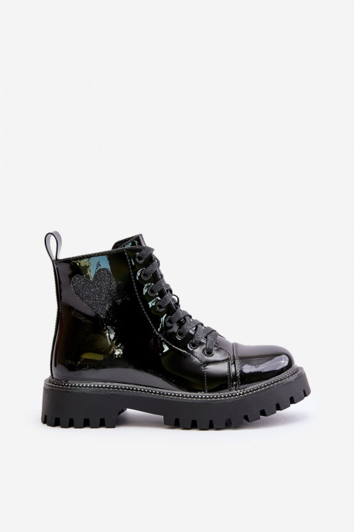 Lacquered Ankle Boots With Zip And Decorative Heart Black Obeena Lacquered Ankle Boots With Zip And Decorative Heart Black Obeena