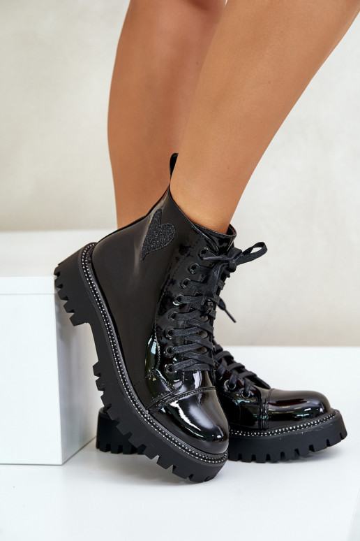 Lacquered Ankle Boots With Zip And Decorative Heart Black Obeena Lacquered Ankle Boots With Zip And Decorative Heart Black Obeena