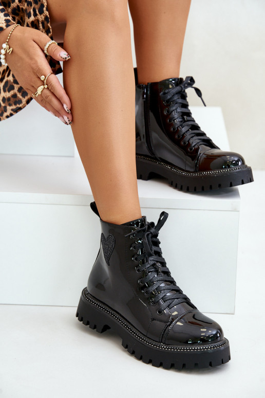 Lacquered Ankle Boots With Zip And Decorative Heart Black Obeena Lacquered Ankle Boots With Zip And Decorative Heart Black Obeena