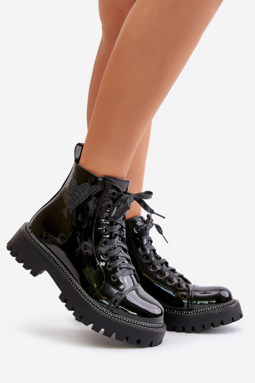 Lacquered Ankle Boots With Zip And Decorative Heart Black Obeena Lacquered Ankle Boots With Zip And Decorative Heart Black Obeena