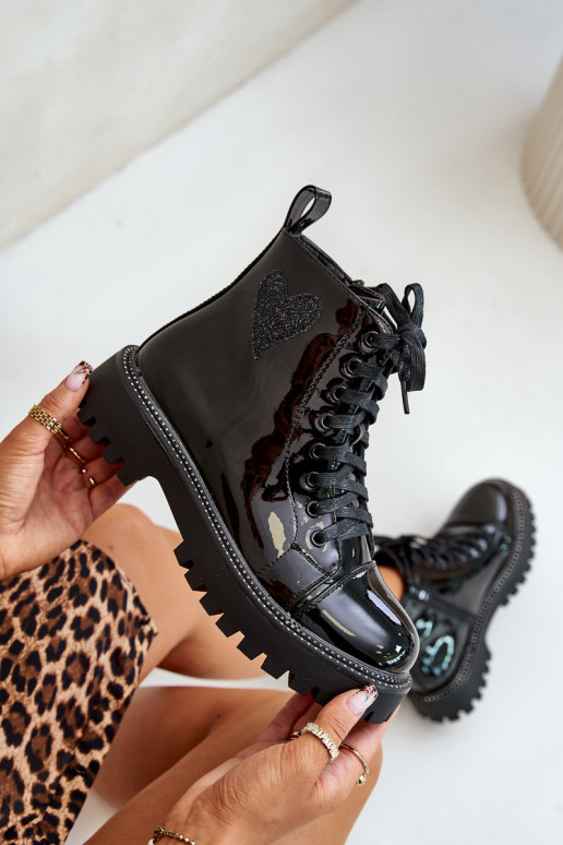 Lacquered Ankle Boots With Zip And Decorative Heart Black Obeena Lacquered Ankle Boots With Zip And Decorative Heart Black Obeena