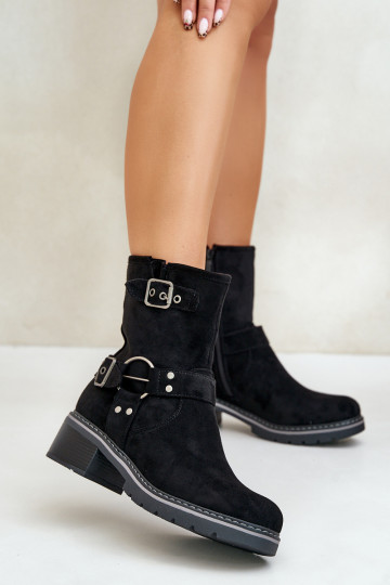 Women's Low Heel Boots With Buckles Black Zudra 2