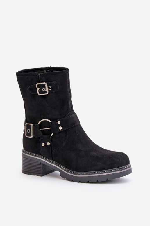 Women's Low Heel Boots With Buckles Black Zudra