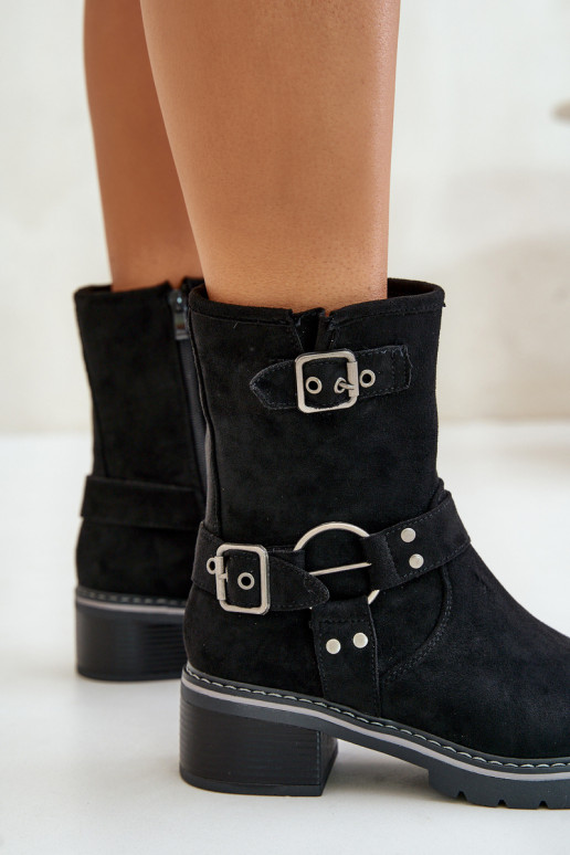 Women's Low Heel Boots With Buckles Black Zudra
