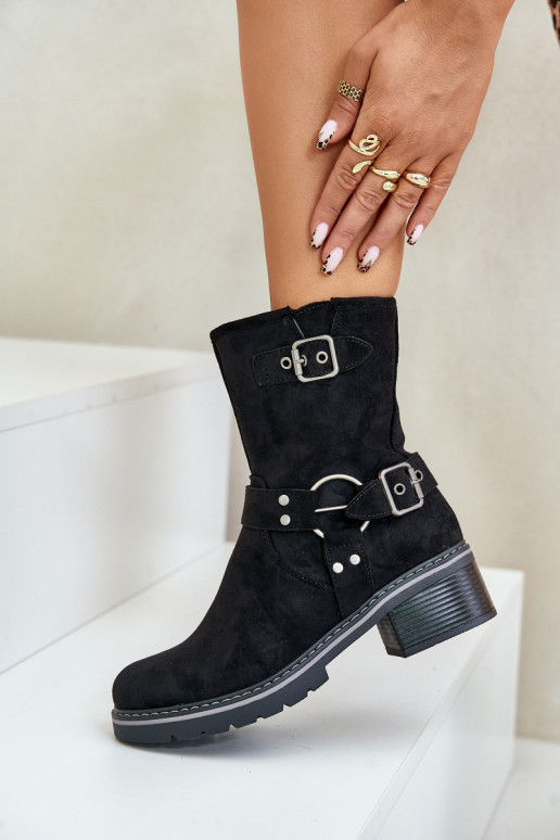 Women's Low Heel Boots With Buckles Black Zudra