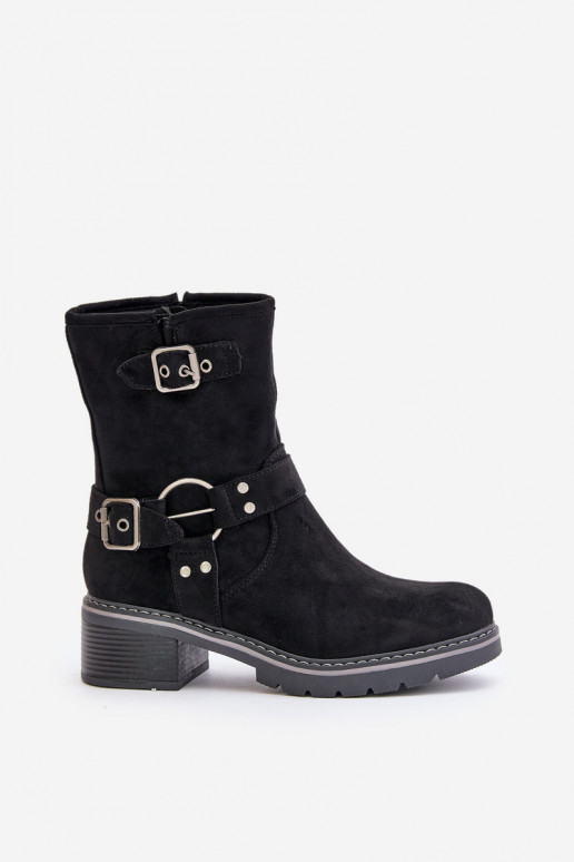 Women's Low Heel Boots With Buckles Black Zudra