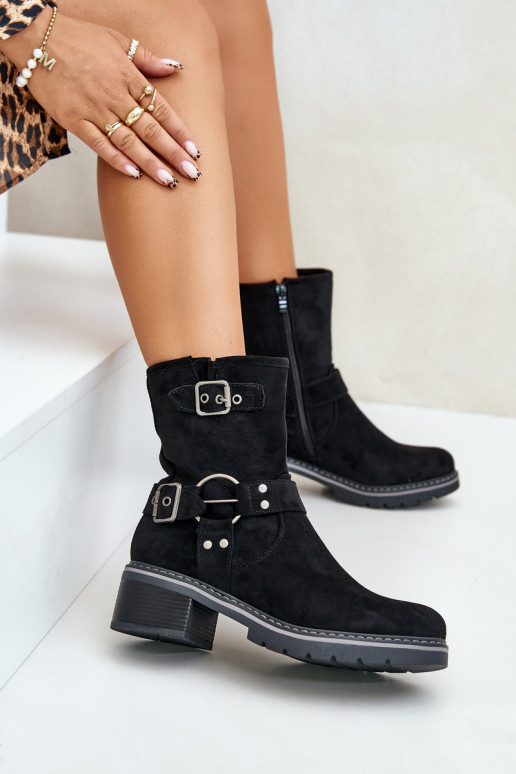 Women's Low Heel Boots With Buckles Black Zudra