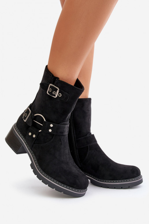Women's Low Heel Boots With Buckles Black Zudra