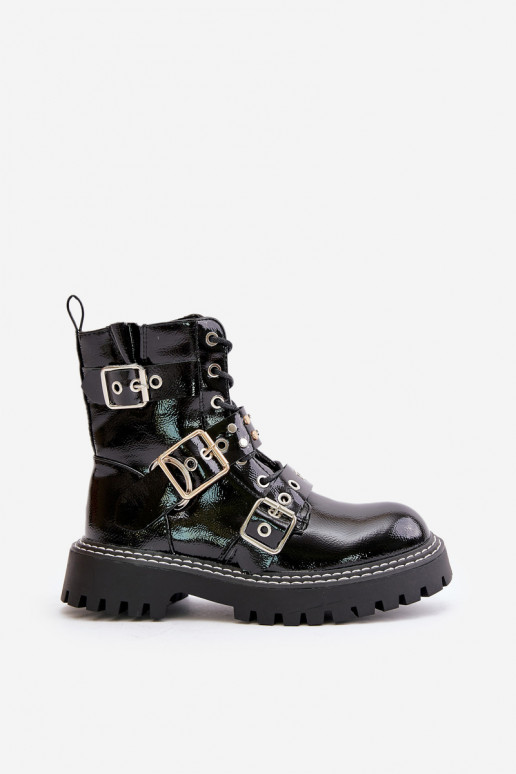 Lacquered Worker Boots With Buckles Black Serizia