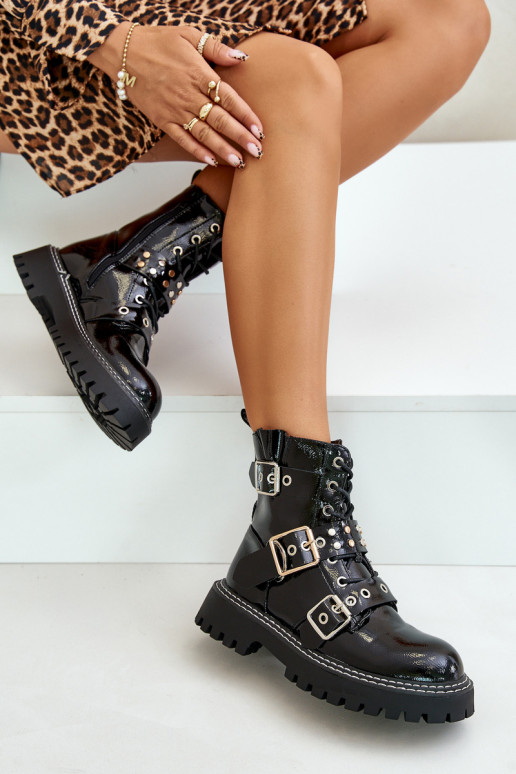Lacquered Worker Boots With Buckles Black Serizia