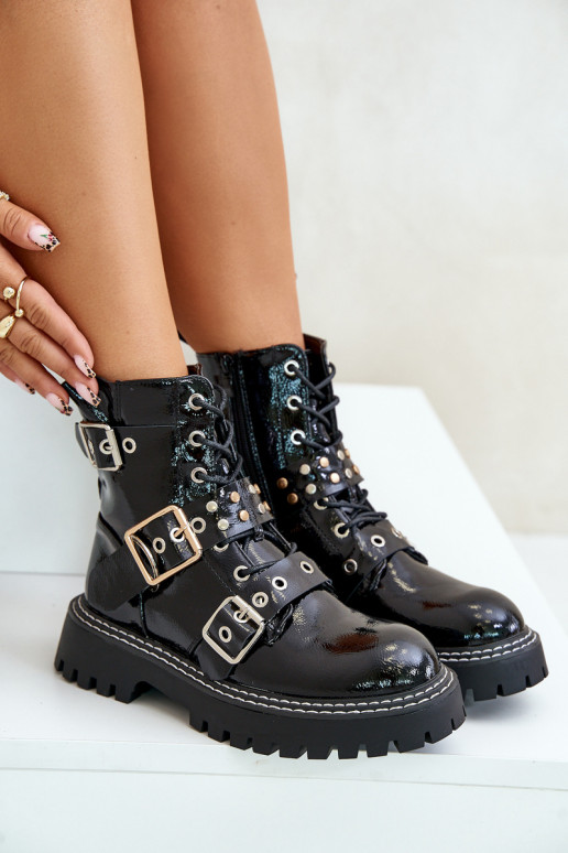 Lacquered Worker Boots With Buckles Black Serizia