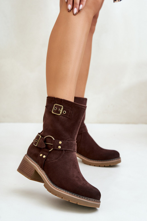 Women's Ankle Boots On Low Heel With Buckles Brown Zudra