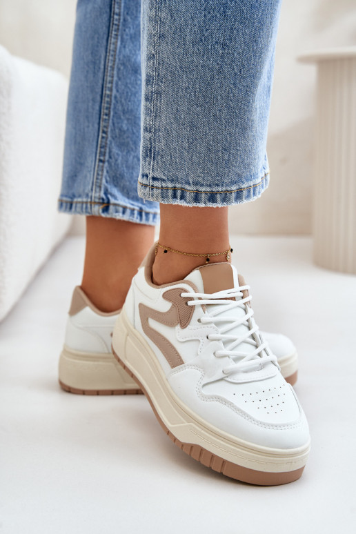 Damskie Sneakersy Z Eko Skóry Na Platformie Biało-Beżowe Henizore