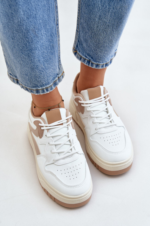 Damskie Sneakersy Z Eko Skóry Na Platformie Biało-Beżowe Henizore