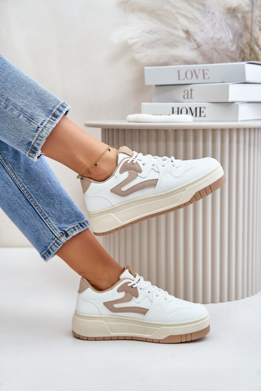Damskie Sneakersy Z Eko Skóry Na Platformie Biało-Beżowe Henizore