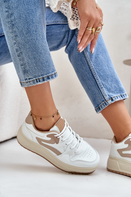 Damskie Sneakersy Z Eko Skóry Na Platformie Biało-Beżowe Henizore