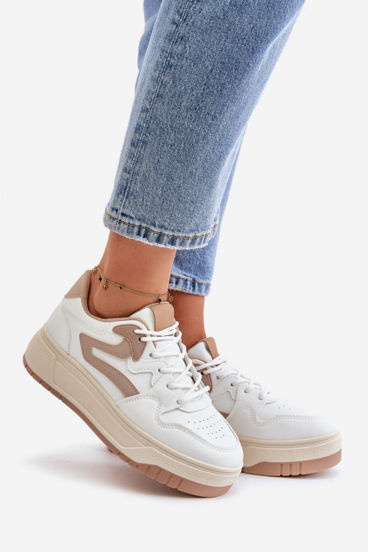 Damskie Sneakersy Z Eko Skóry Na Platformie Biało-Beżowe Henizore