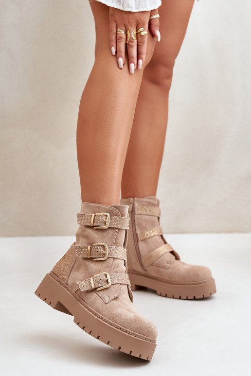 Warm Women's Boots With Buckles Beige Tiaeliana