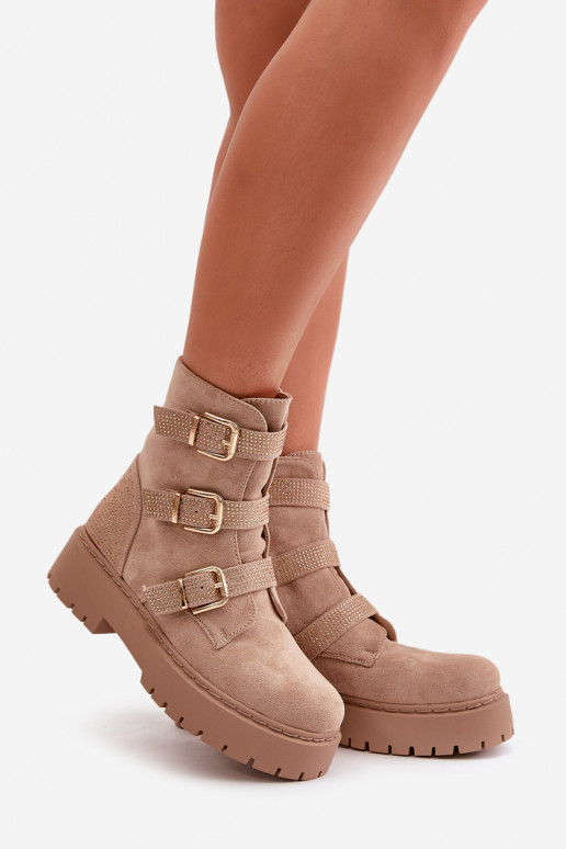 Warm Women's Boots With Buckles Beige Tiaeliana