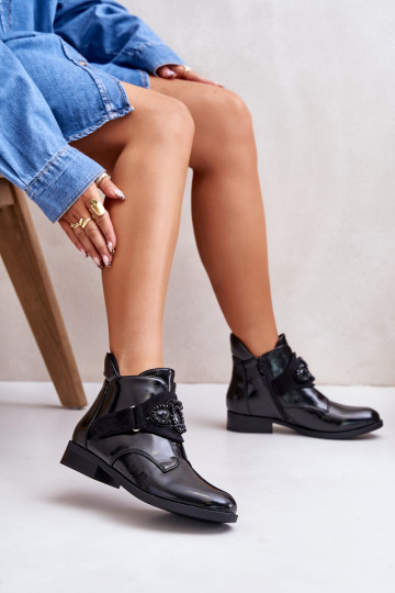 with lacquer effect Women's boots with ornaments warmed S.Barski HY42-021 black color