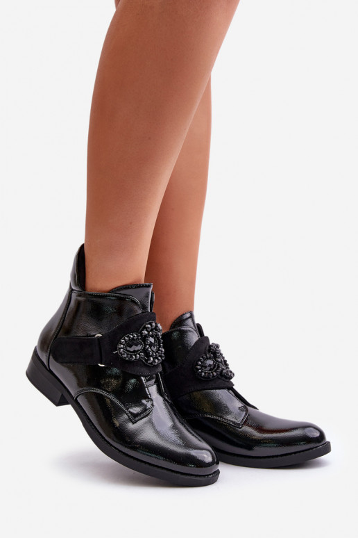 Lacquered Women's Ankle Boots With Decoration Insulated Black S.Barski HY42-021 Lacquered Women's Ankle Boots With Decoration Insulated Black S.Barski HY42-021