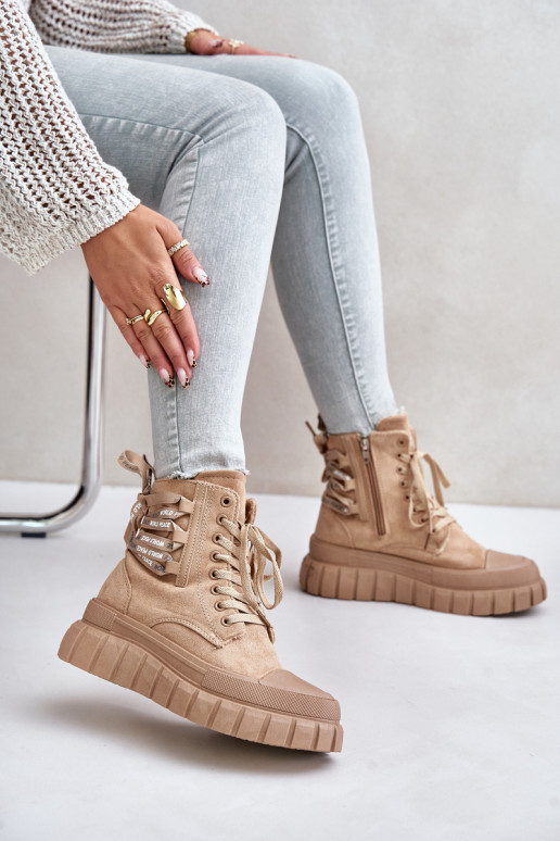 Women's Platform Boots With Decorative Lacing Brown Edidda