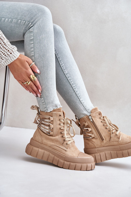 Women's Platform Boots With Decorative Lacing Brown Edidda