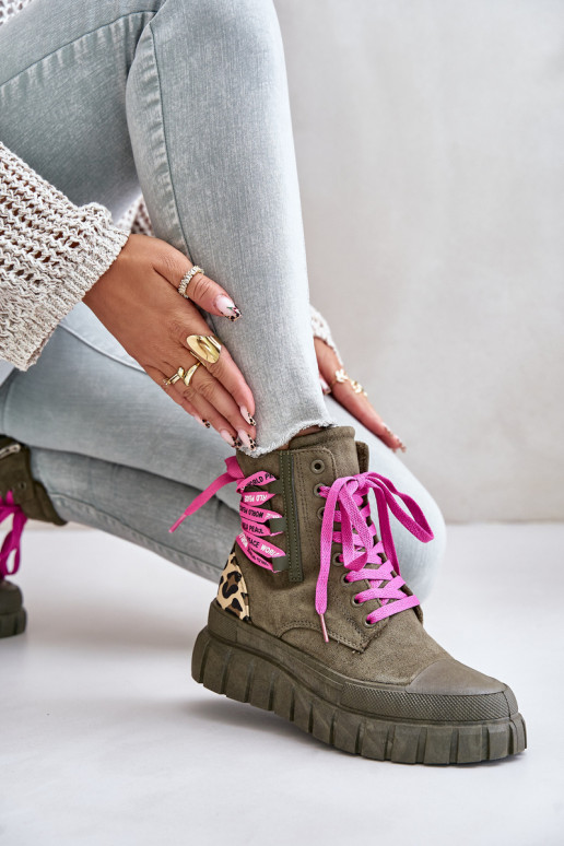 Women's Platform Boots With Decorative Lacing Leopard Green Edidda Women's Platform Boots With Decorative Lacing Leopard Green Edidda