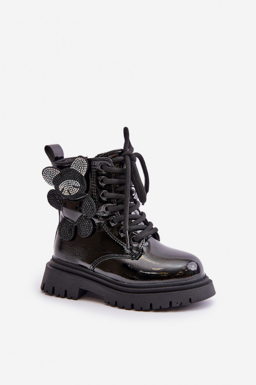 Insulated Girls' Boots With Teddy Bear Zippered Black Lacquered Relobia Insulated Girls' Boots With Teddy Bear Zippered Black Lacquered Relobia
