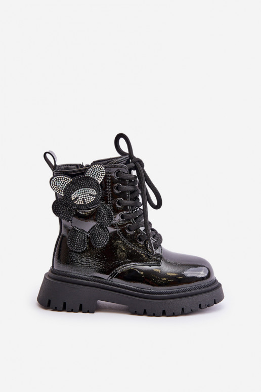 Insulated Girls' Boots With Teddy Bear Zippered Black Lacquered Relobia Insulated Girls' Boots With Teddy Bear Zippered Black Lacquered Relobia