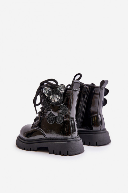 Insulated Girls' Boots With Teddy Bear Zippered Black Lacquered Relobia Insulated Girls' Boots With Teddy Bear Zippered Black Lacquered Relobia