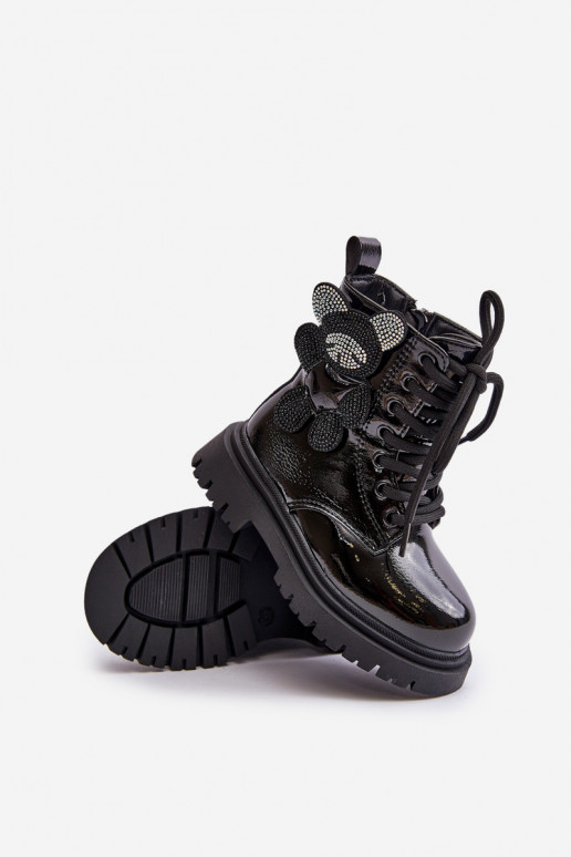 Insulated Girls' Boots With Teddy Bear Zippered Black Lacquered Relobia Insulated Girls' Boots With Teddy Bear Zippered Black Lacquered Relobia