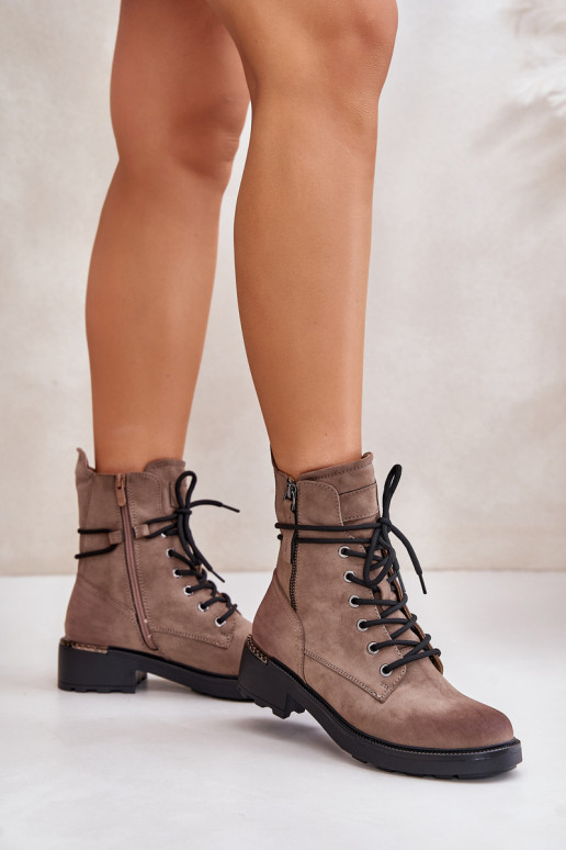 High Worker Boots With Zippers Dark Beige Maisa High Worker Boots With Zippers Dark Beige Maisa
