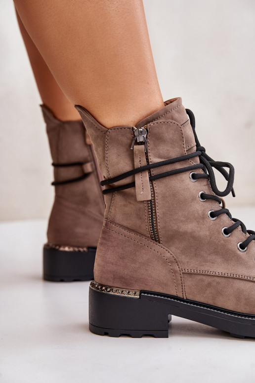 High Worker Boots With Zippers Dark Beige Maisa High Worker Boots With Zippers Dark Beige Maisa