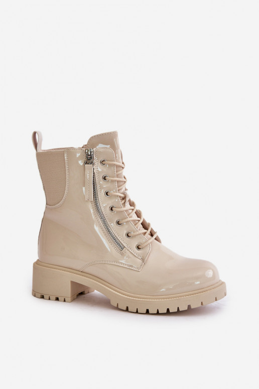 Lacquered Worker Ankle Boots With Zipper Insulated Beige Ravanthia