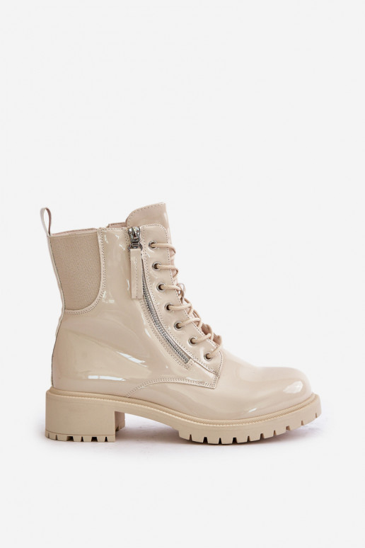 Lacquered Worker Ankle Boots With Zipper Insulated Beige Ravanthia