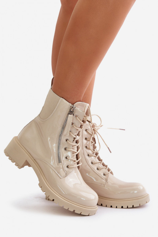 Lacquered Worker Ankle Boots With Zipper Insulated Beige Ravanthia