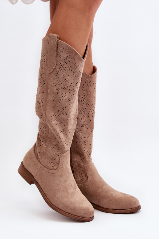Women's openwork long boots beige... Women's openwork long boots beige...